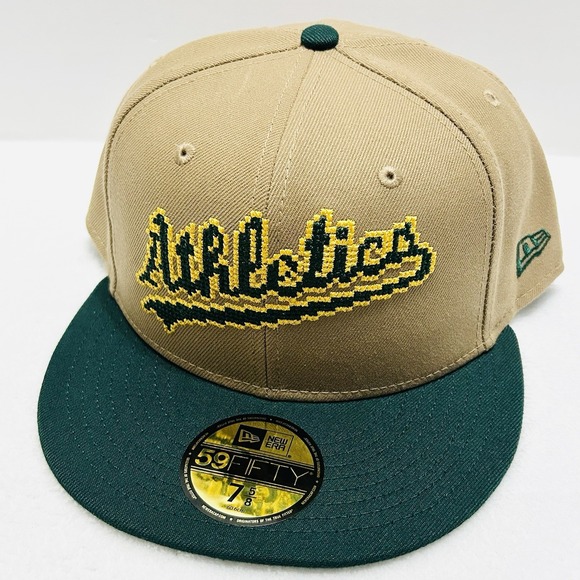 New Era Oakland Athletics 8-Bit Wordmark 59FIFTY Fitted Hat Cap 7 5/8 Beige‎ MLB - Picture 1 of 5
